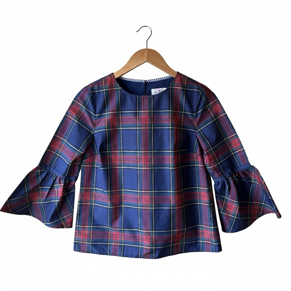 NWT Vineyard Vines Women's Plaid Taffeta Blouse Size 0 Top Bell Sleeves Jolly